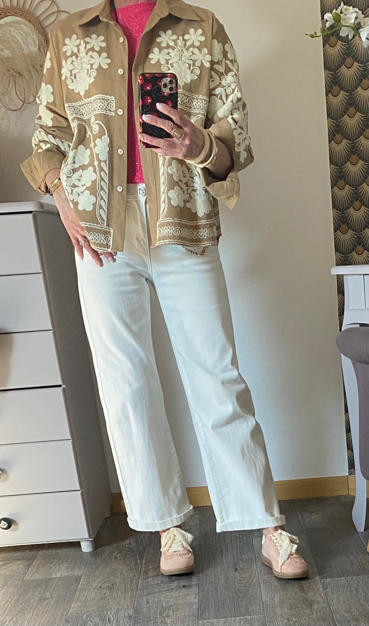 VESTE BRODEE KEZY CAMEL ET ECRU  TU M/L