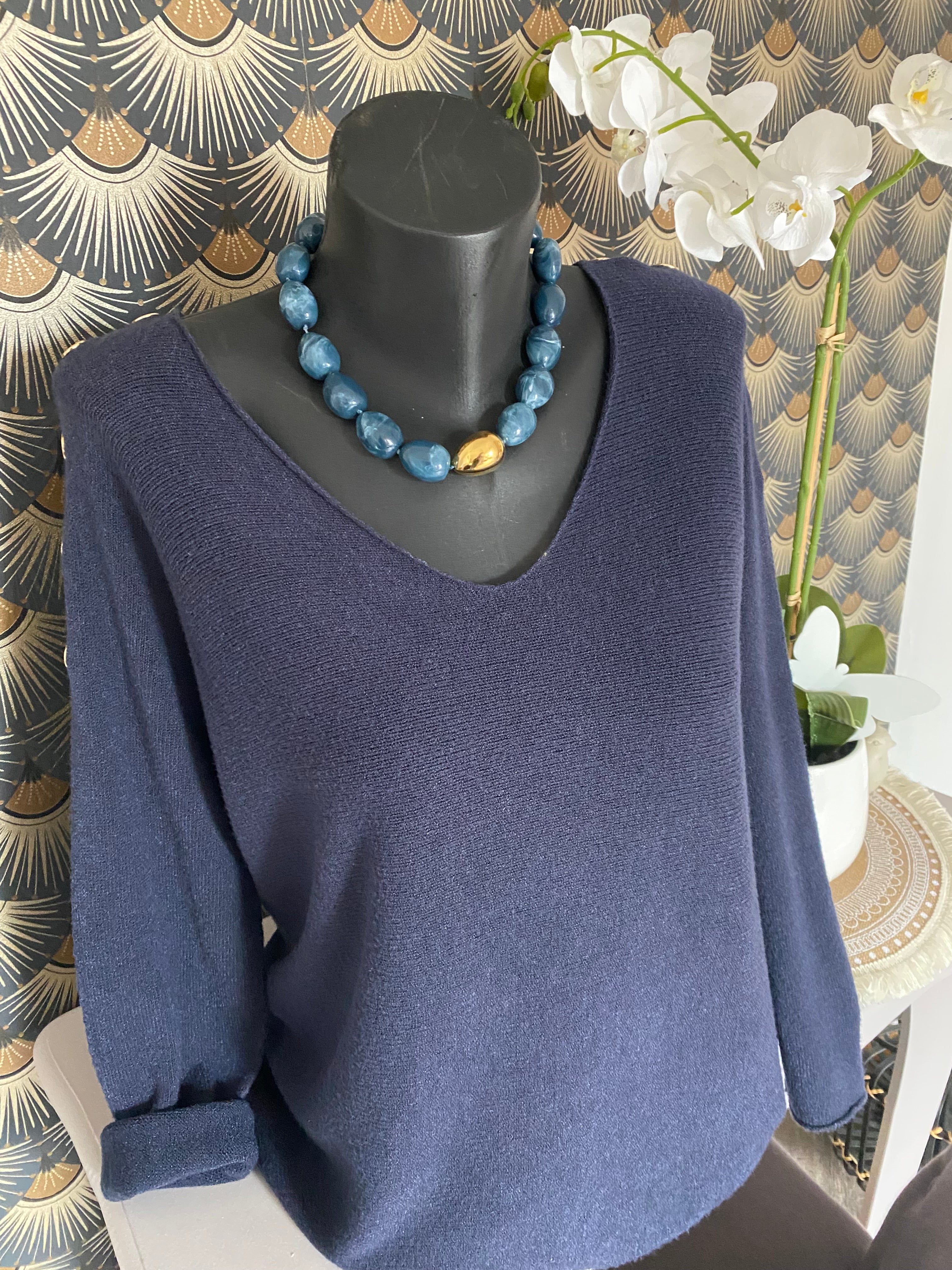 PULL BOUTONS DORES BLEU MARINE  36/44