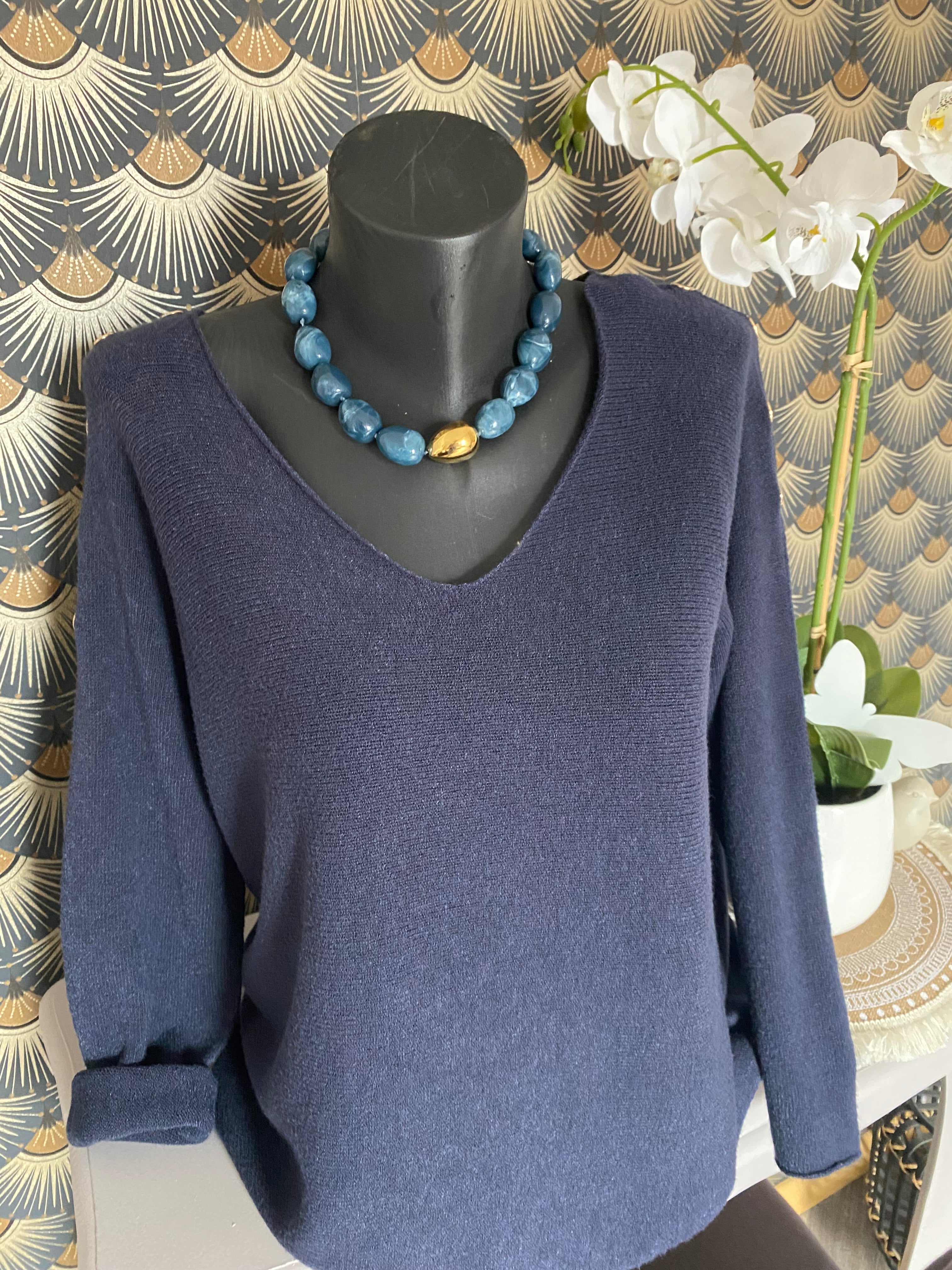 PULL BOUTONS DORES BLEU MARINE  36/44