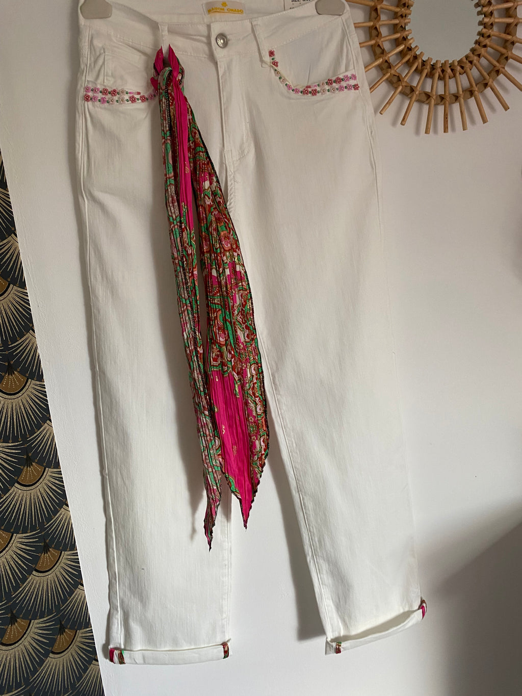 PANTALON ORNADO FLEUR PERLES BLANC   TAILLES S /M/ L/ XL/ XXL
