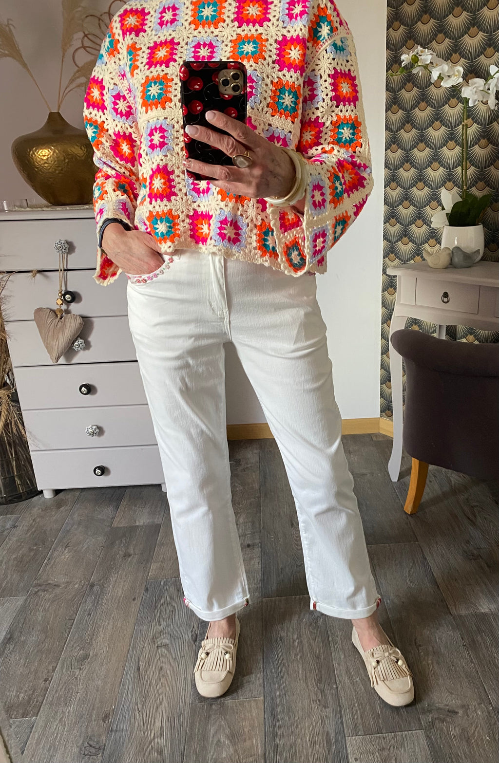 PANTALON ORNADO FLEUR PERLES BLANC   TAILLES S /M/ L/ XL/ XXL