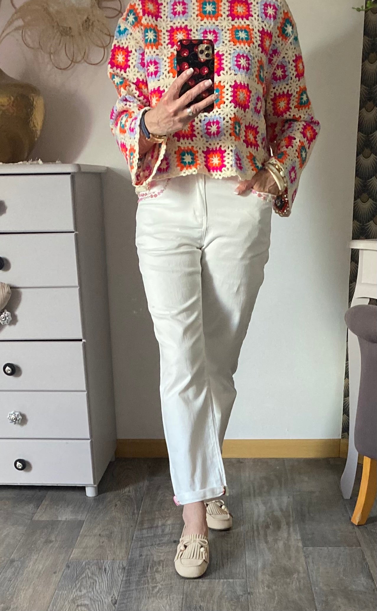 PANTALON ORNADO FLEUR PERLES BLANC   TAILLES S /M/ L/ XL/ XXL