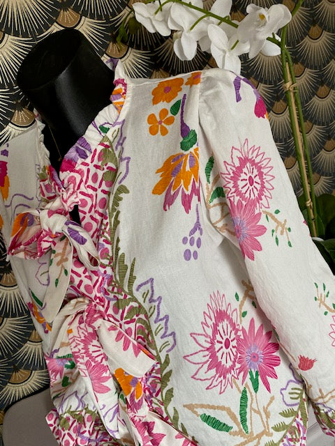 BLOUSE FLEURS AVEC NOEUDS  36/40 PETIT 42   5 COULEURS