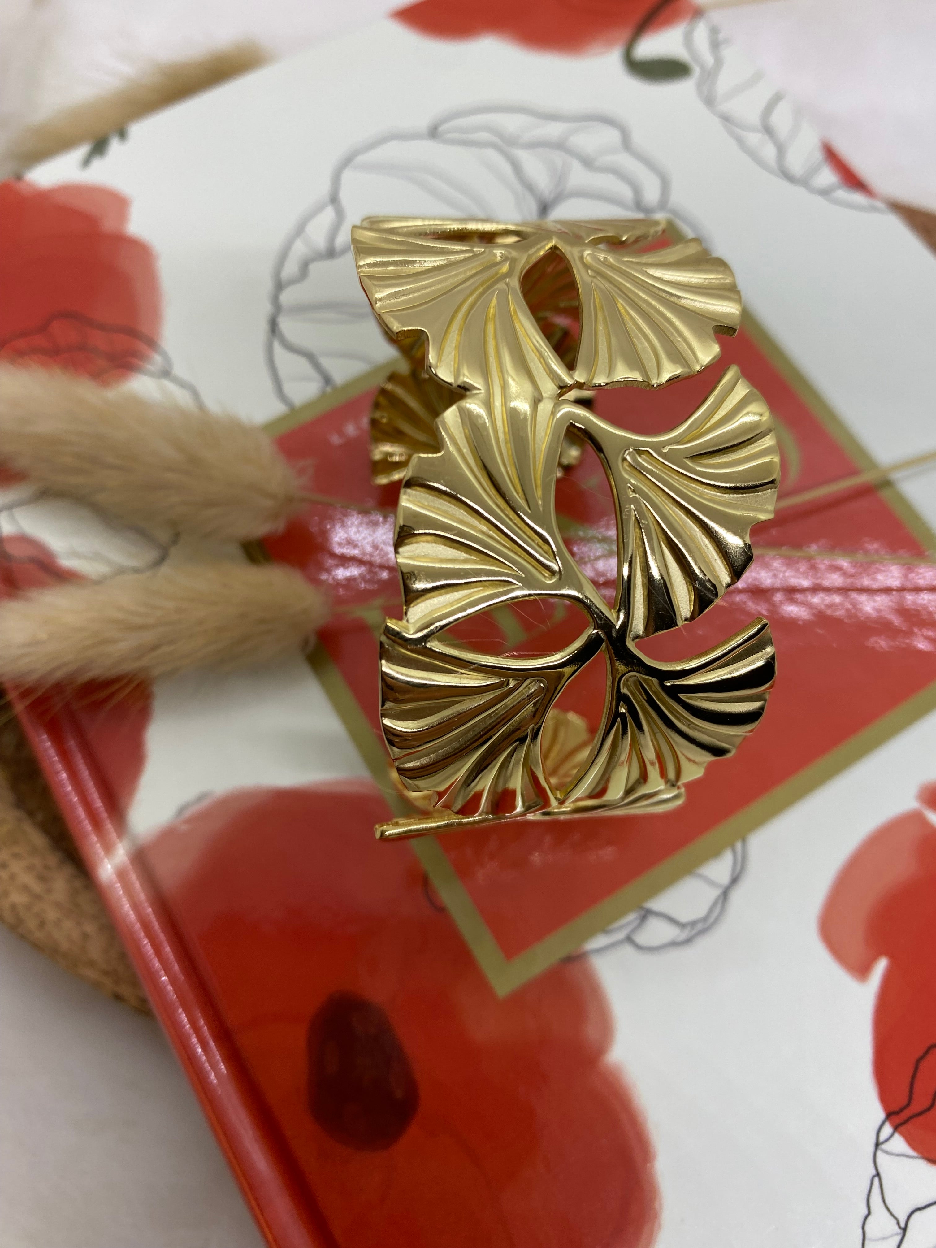 BRACELET MANCHETTE ACIER INOXYDABLE FEUILLE DE JINKO