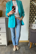 VESTE BLAZER MANCHES TROIS QUART  PLISSE  BLEU CANARD   TU 36/42