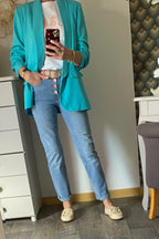 VESTE BLAZER MANCHES TROIS QUART  PLISSE  BLEU CANARD   TU 36/42