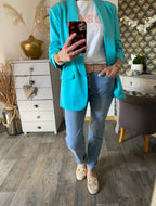 VESTE BLAZER MANCHES TROIS QUART  PLISSE  BLEU CANARD   TU 36/42