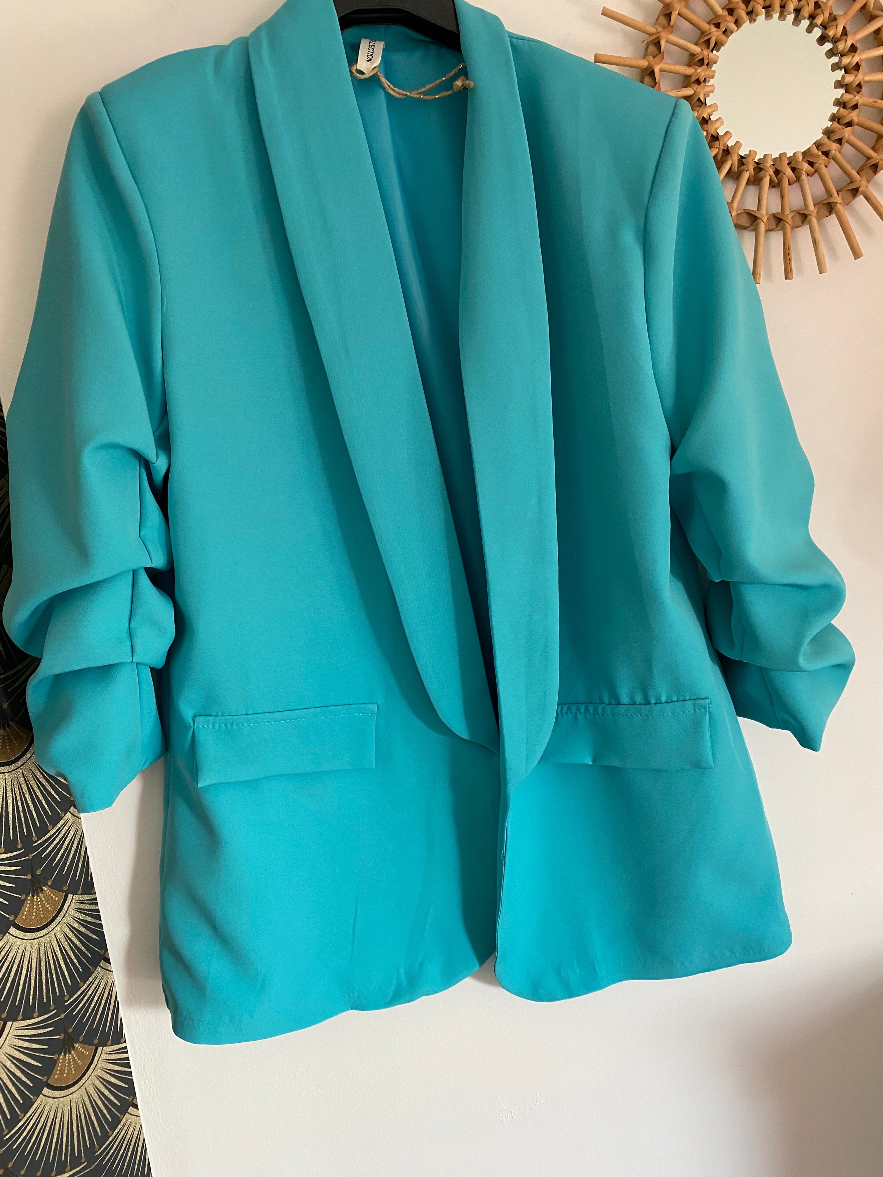 VESTE BLAZER MANCHES TROIS QUART  PLISSE  BLEU CANARD   TU 36/42