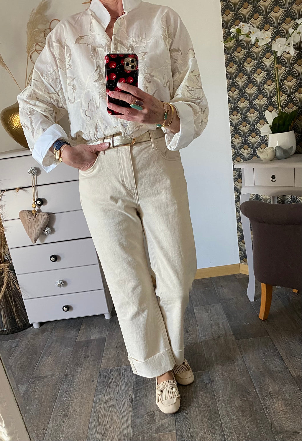 CHEMISE CORINNE BRODEE  ECRU ET TAUPE   TU 36/44
