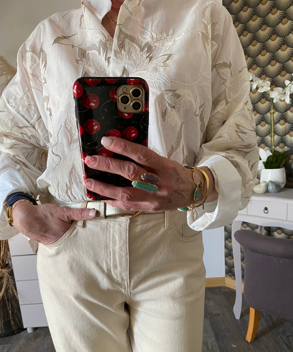 CHEMISE CORINNE BRODEE  ECRU ET TAUPE   TU 36/44
