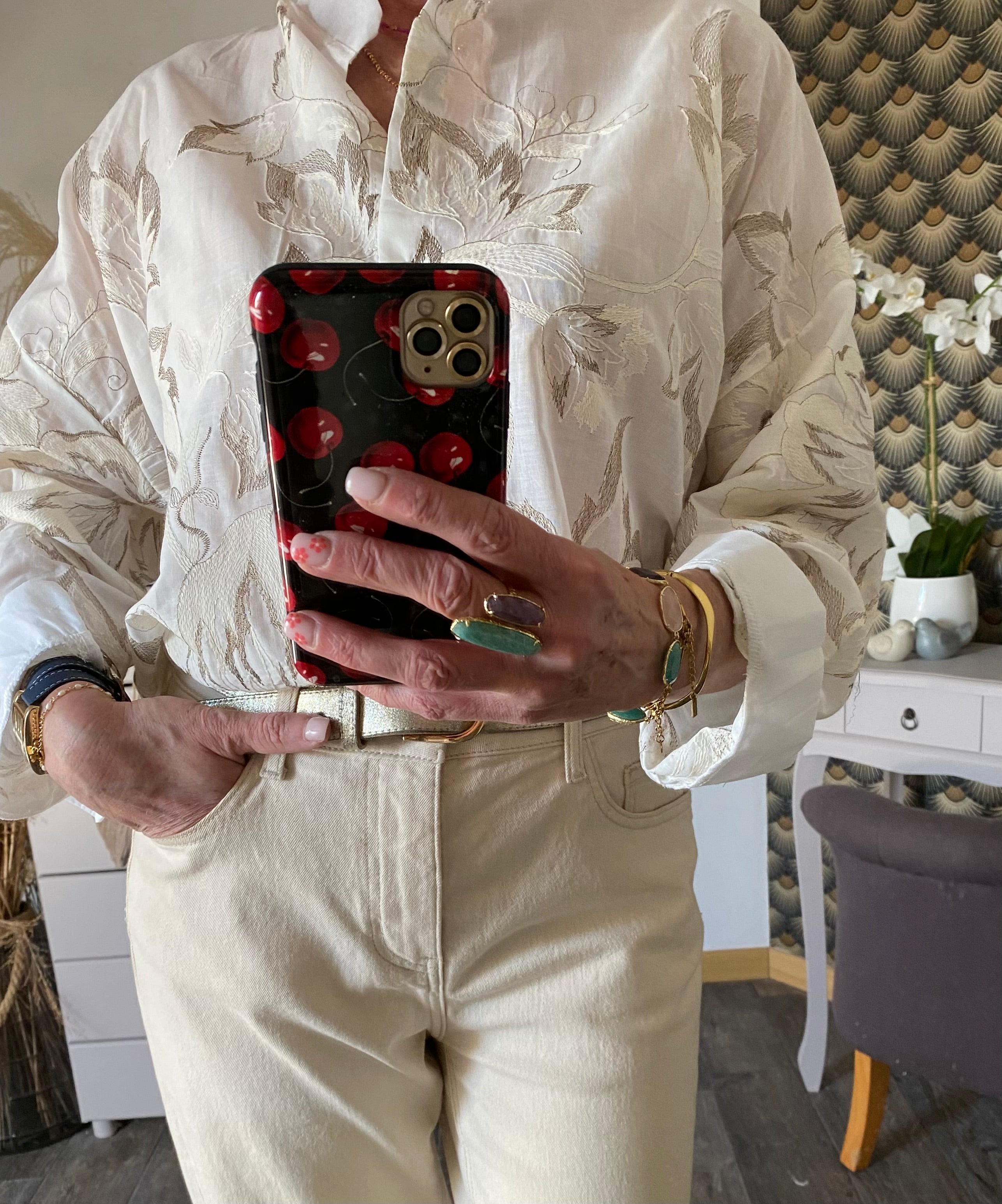 CHEMISE CORINNE BRODEE  ECRU ET TAUPE   TU 36/44