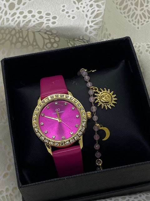 COFFRET MONTRE FUSHIA  ET BRACELET QUARTZ ROSE