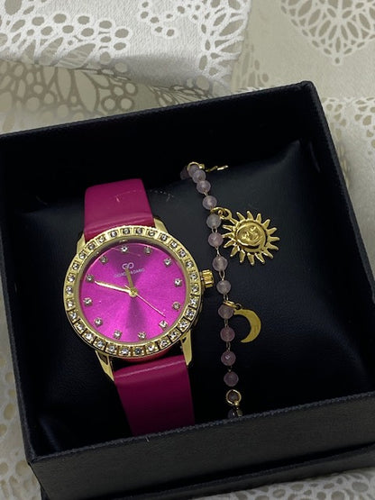 COFFRET MONTRE FUSHIA  ET BRACELET QUARTZ ROSE