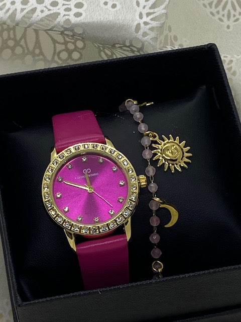 COFFRET MONTRE FUSHIA  ET BRACELET QUARTZ ROSE