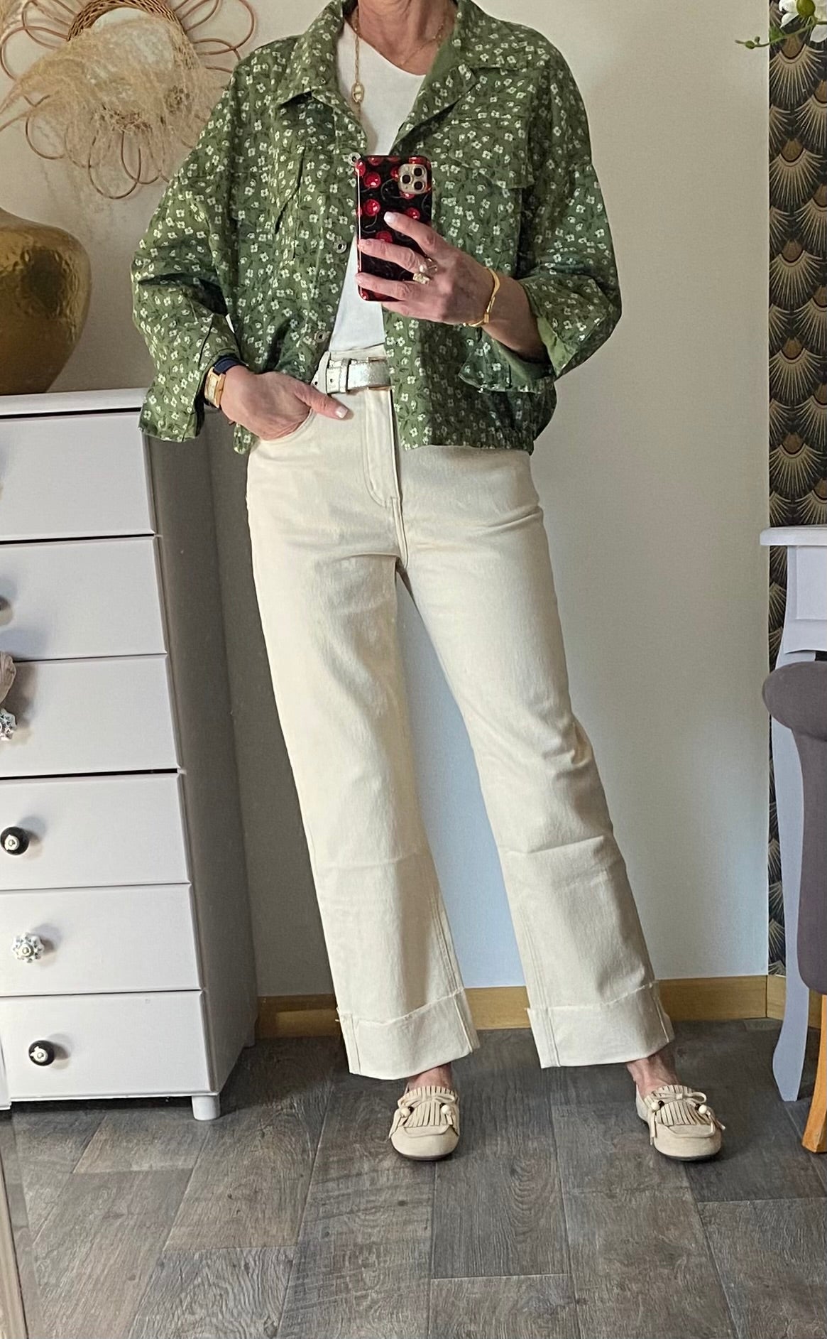 VESTE FLEURS CORINNE KAKI  TU 38/44 petit 46