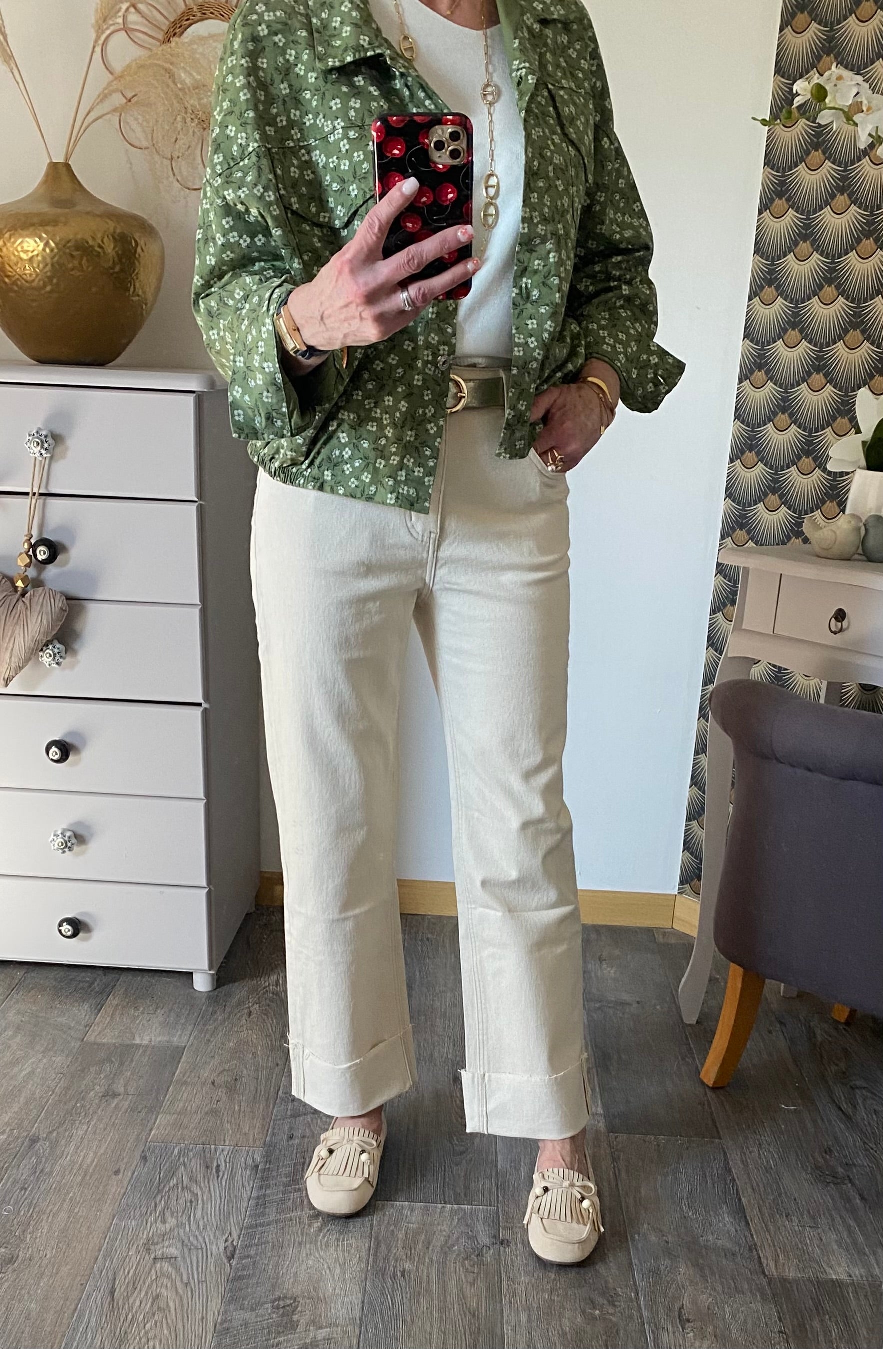 VESTE FLEURS CORINNE KAKI  TU 38/44 petit 46