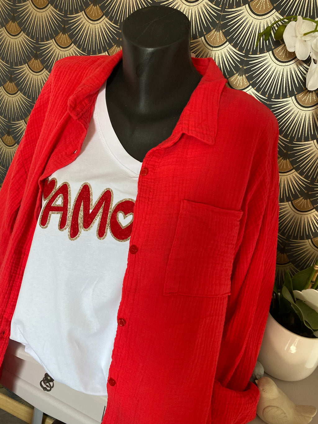 CHEMISE GAZ DE COTON ROUGE  TU 40/48