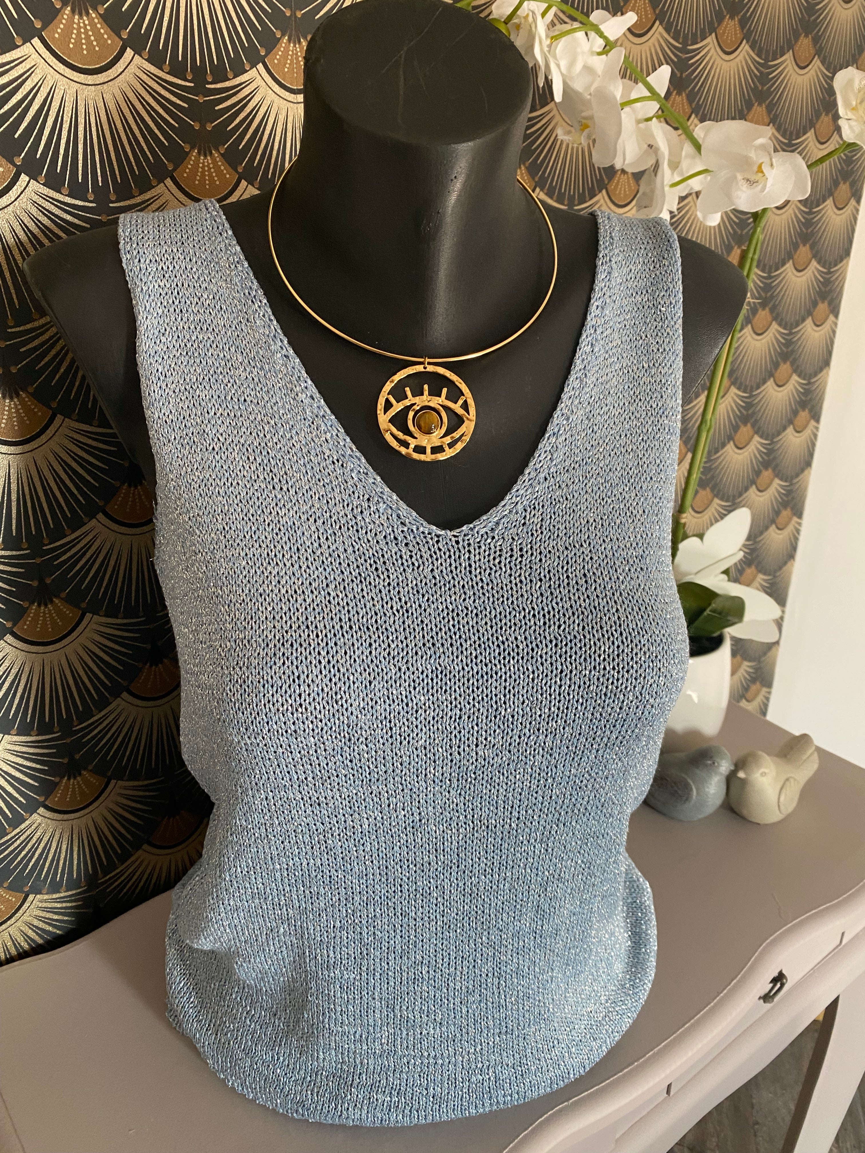 TOP BRETELLE IRISE BLEU  TU 34/40 petit 42