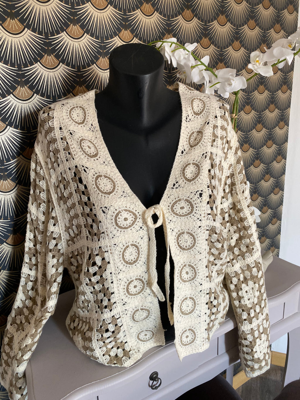 GILET CROCHET TAUPE  TU 36/ 44