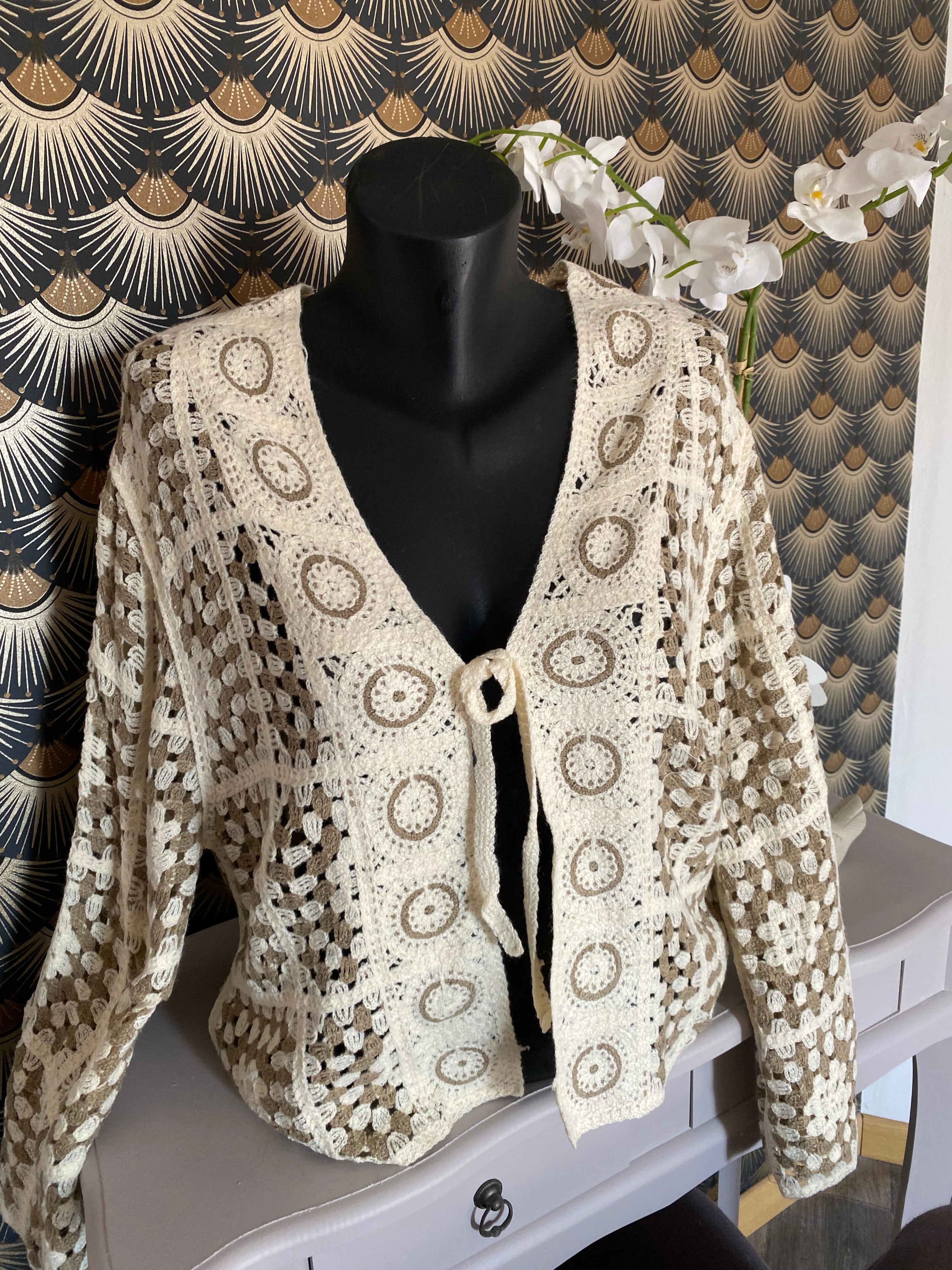 GILET CROCHET TAUPE  TU 36/ 44