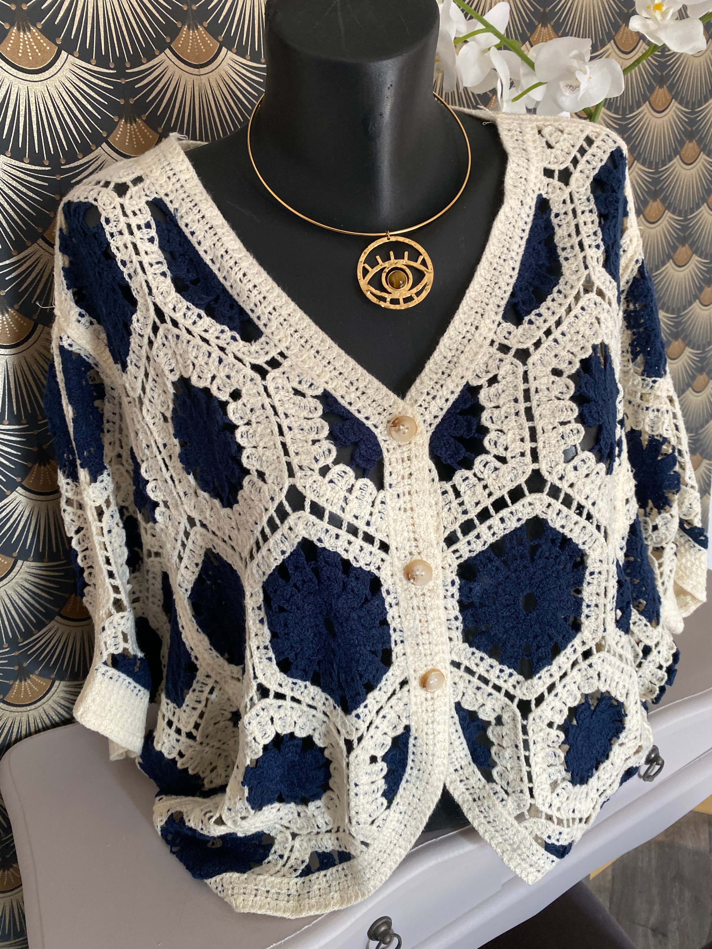 GILET CROCHET 1 BLEU MARINE  TU36/44