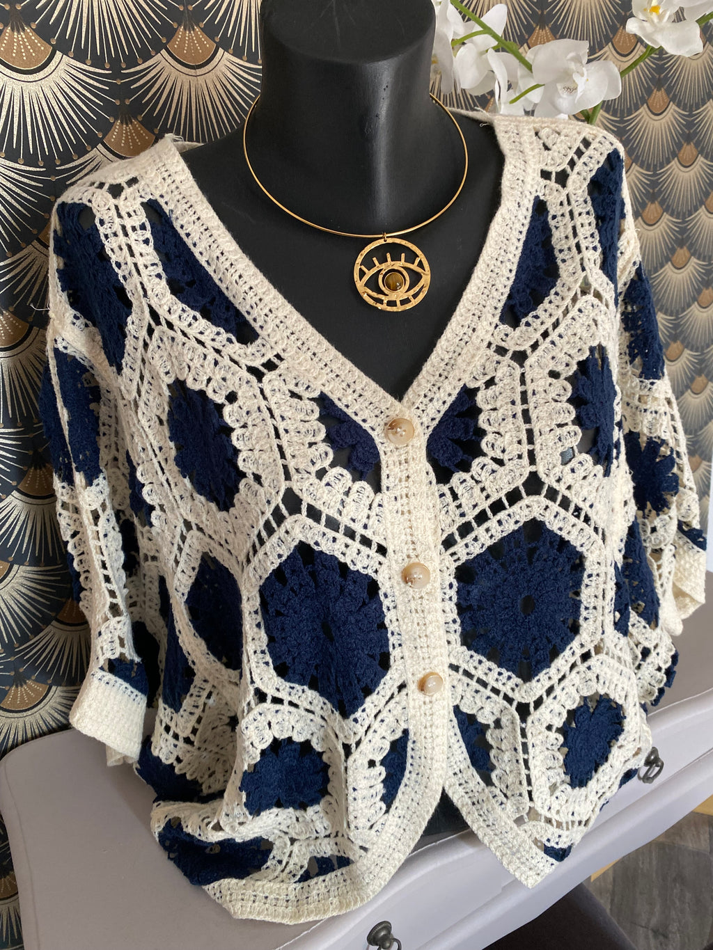 GILET CROCHET 1 BLEU MARINE  TU36/44