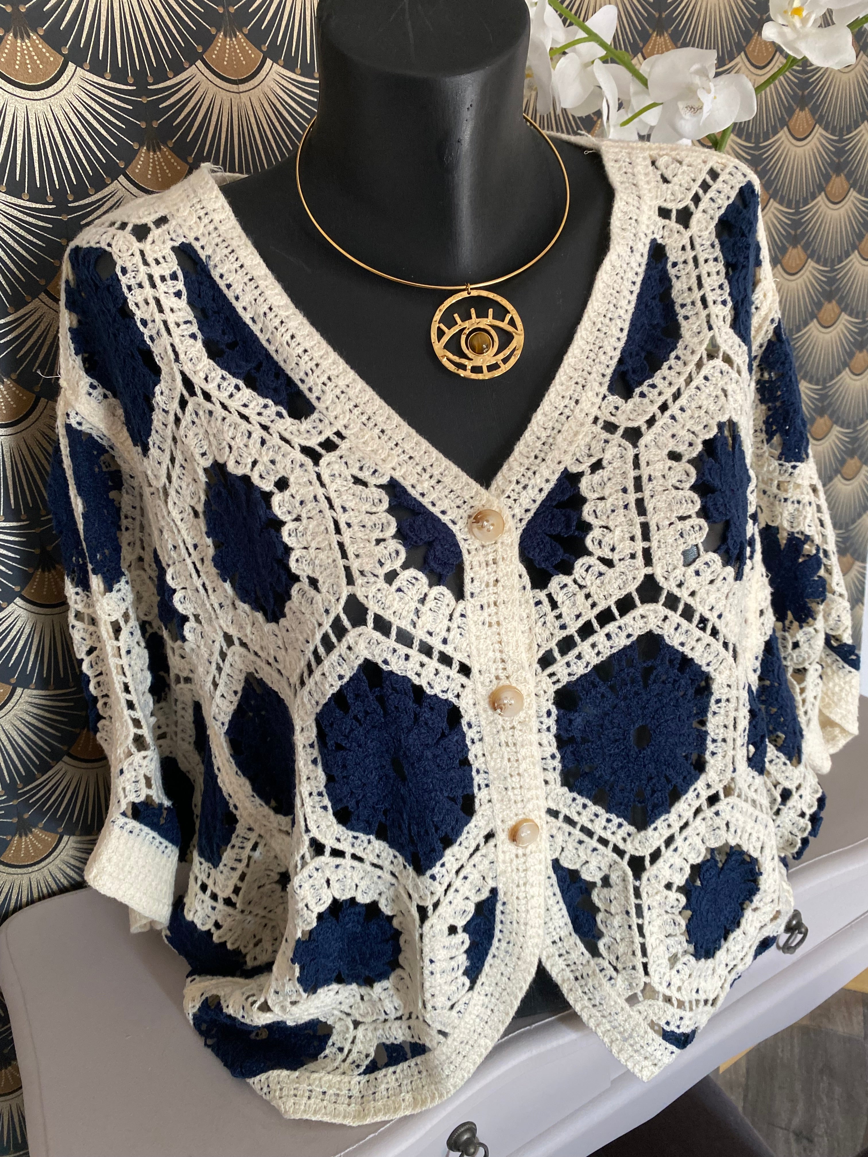 GILET CROCHET 1 BLEU MARINE  TU36/44