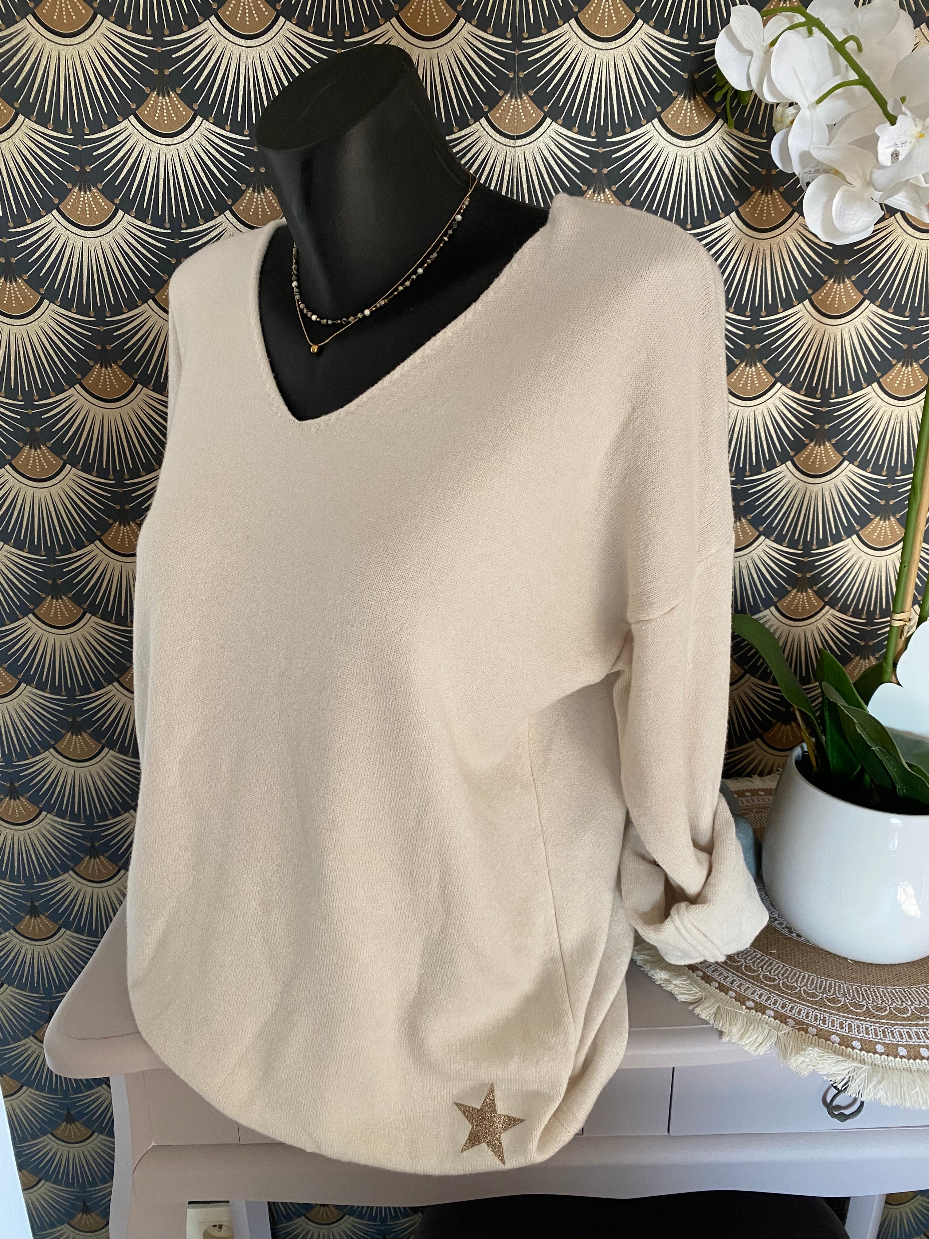 PULL ISSY ETOILES ET LISERET IRISE  TU 36/44   ECRU