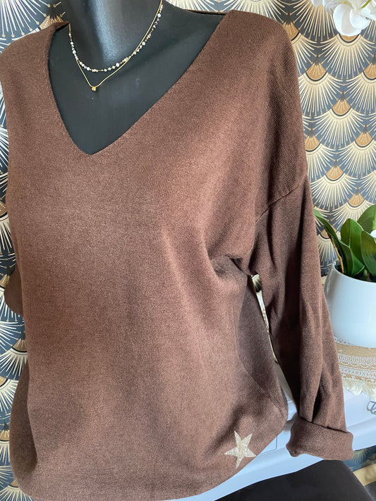 PULL ISSY ETOILES ET LISERET IRISE  TU 36/44   CHOCO