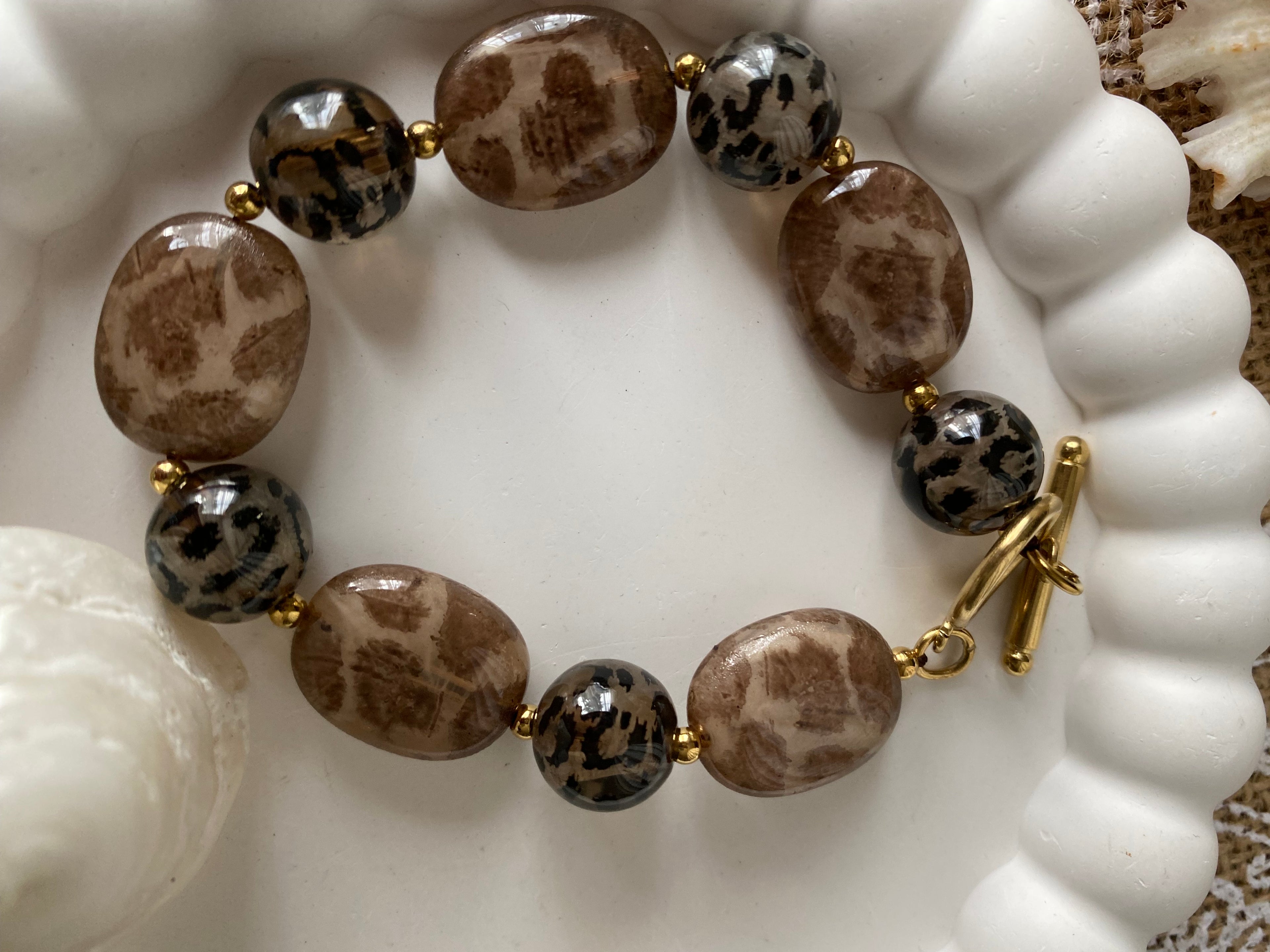BRACELET LEOPARD  ACIER INOXYDABLE ET RESINE