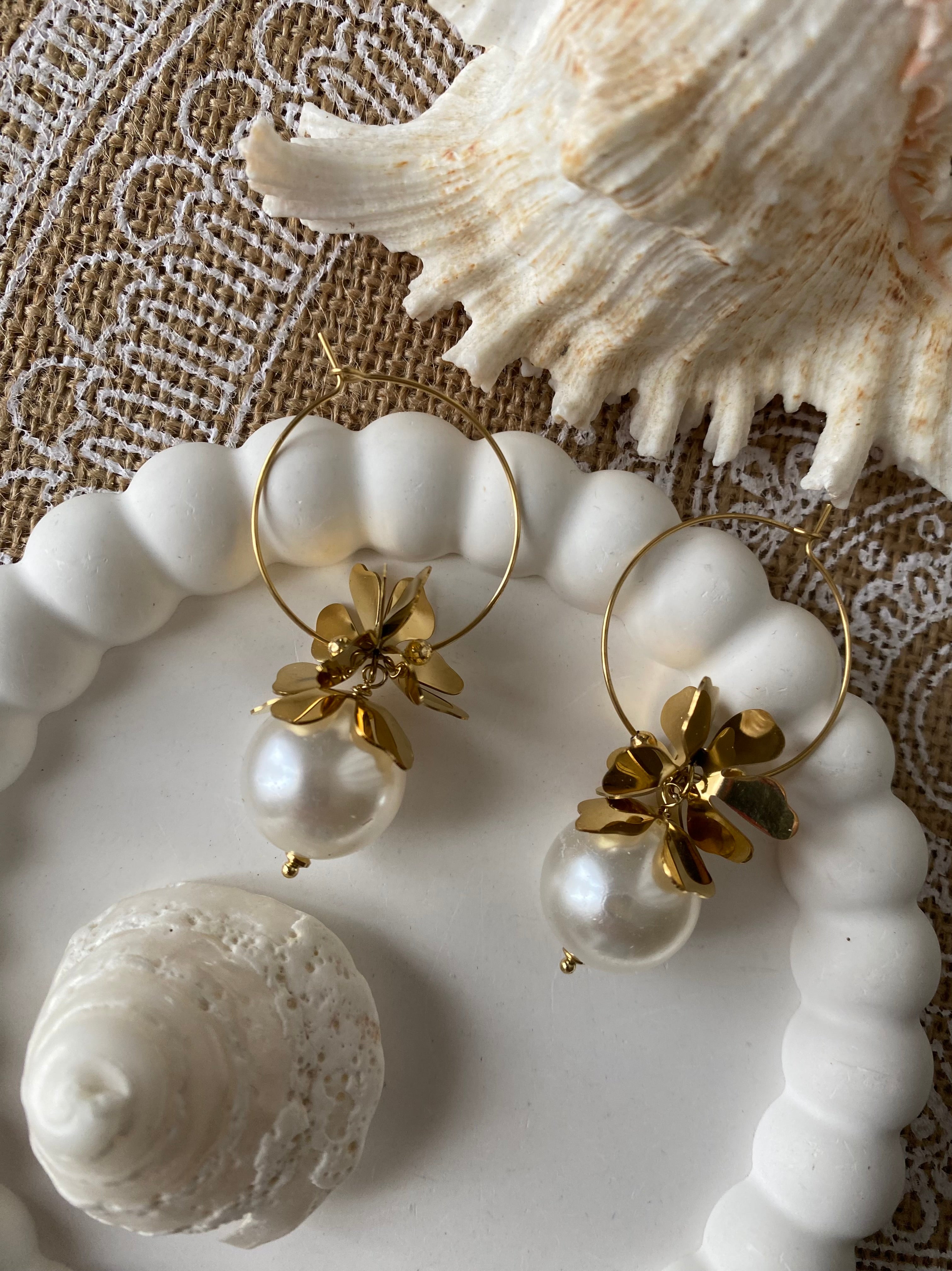 BOUCLES D'OREILLES CREOLE GROSSE PERLE   ACIER INOXYDABLE