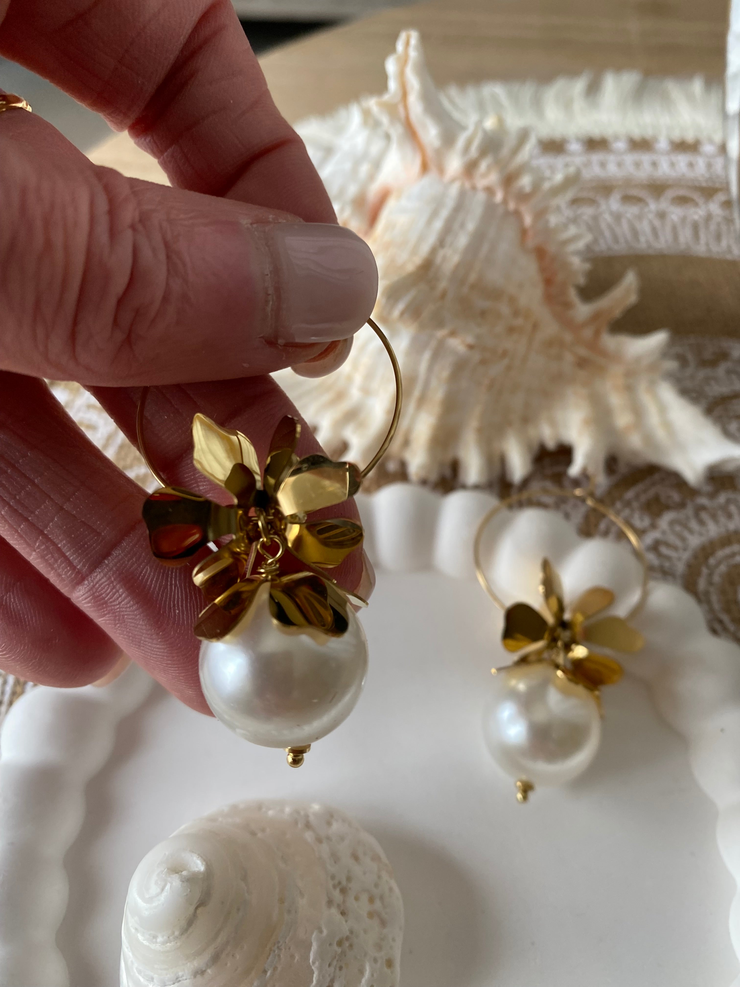 BOUCLES D'OREILLES CREOLE GROSSE PERLE   ACIER INOXYDABLE