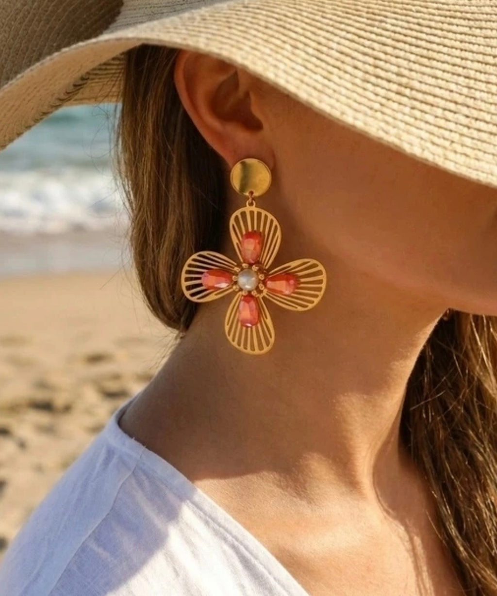 BOUCLES D'OREILLES FLEURS CORAIL  ACIER INOXYDABLE