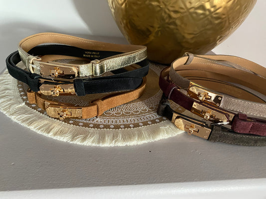 CEINTURE H  REGLABLE CROUTE DE CUIR  ( COCOLAT, NOIR,CAMEL, DORE , BORDEAUX,TAUPEE)