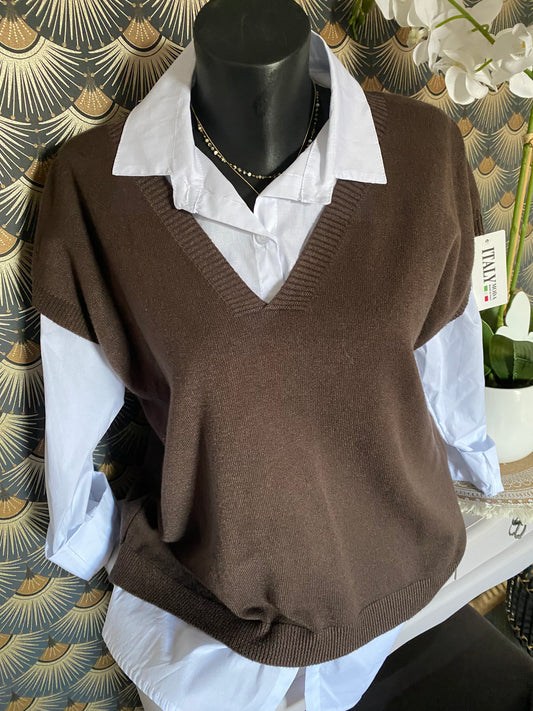ENSEMBLE PULL SANS MANCHE ET CHEMISE   TU 36/44  CHOCO
