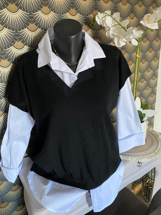 ENSEMBLE PULL SANS MANCHE ET CHEMISE   TU 36/44  NOIR