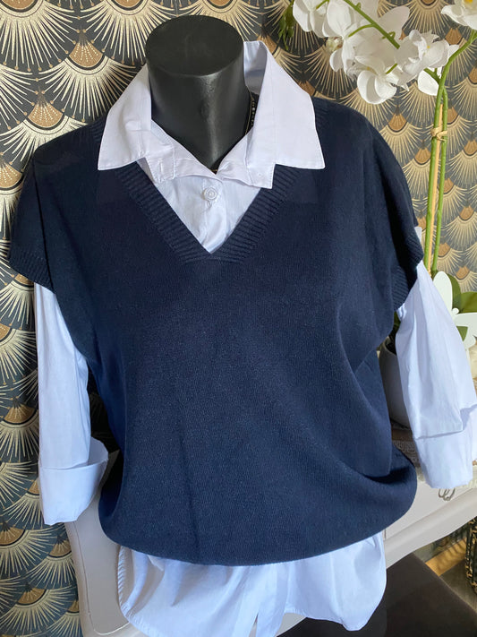 ENSEMBLE PULL SANS MANCHE ET CHEMISE   TU 36/44  BLEU MARINE