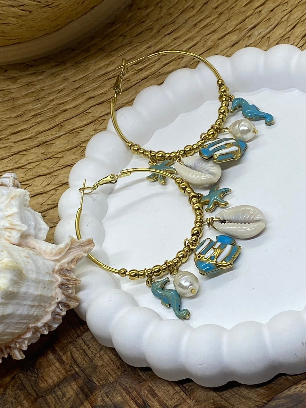 BOUCLES D' OREILLES  CREOLES COLLECTION OCEAN BLEUES    ACIER INOXYDABLE