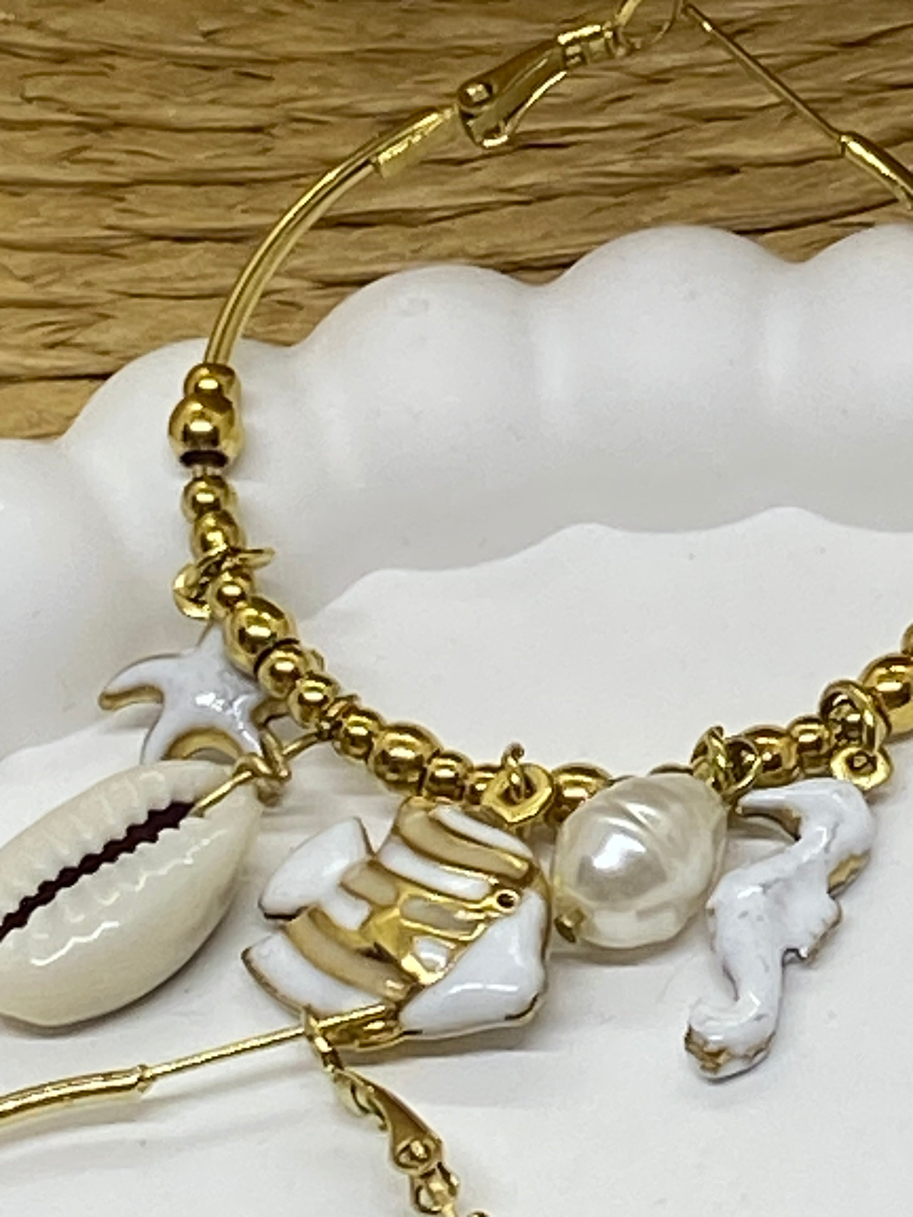 BOUCLES D' OREILLES  CREOLES COLLECTION OCEAN BLANCHES    ACIER INOXYDABLE