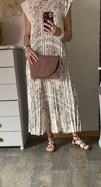 ROBE LONGUE PLISSEE  TU 36/46  ECRU A MOTIFS