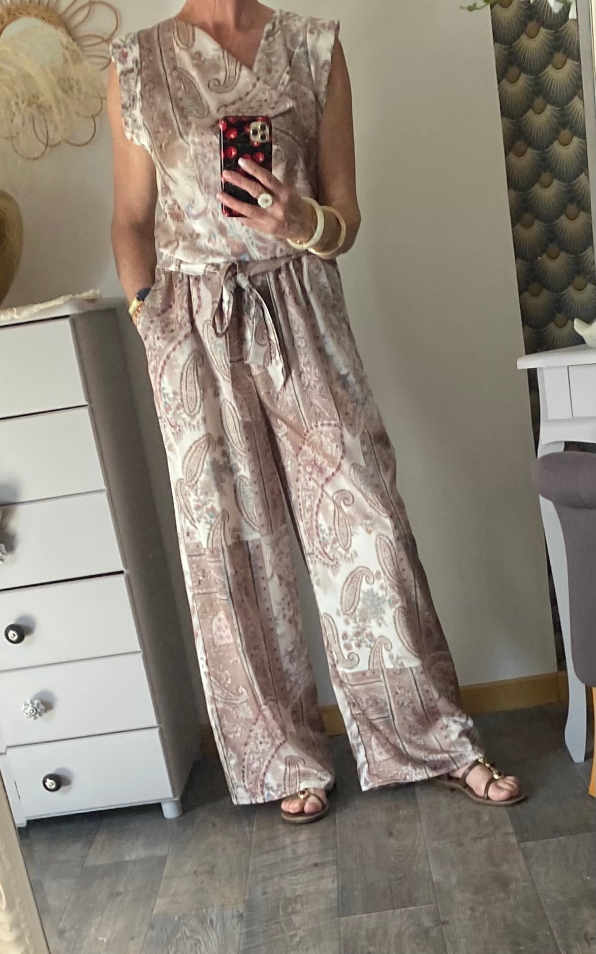 ENSEMBLE PANTALON FLUIDE LARGE ET TOP     TU 36/42 BEIGE