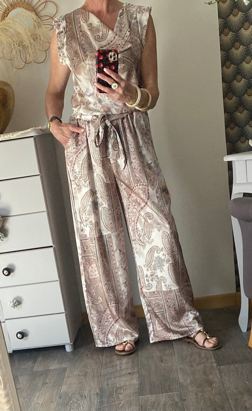 ENSEMBLE PANTALON FLUIDE LARGE ET TOP     TU 36/42 BEIGE