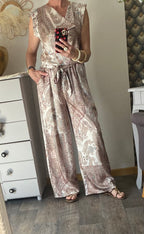 ENSEMBLE PANTALON FLUIDE LARGE ET TOP     TU 36/42 BEIGE