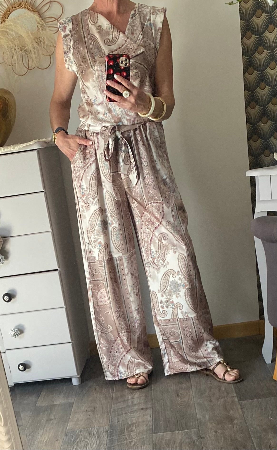 ENSEMBLE PANTALON FLUIDE LARGE ET TOP     TU 36/42 BEIGE