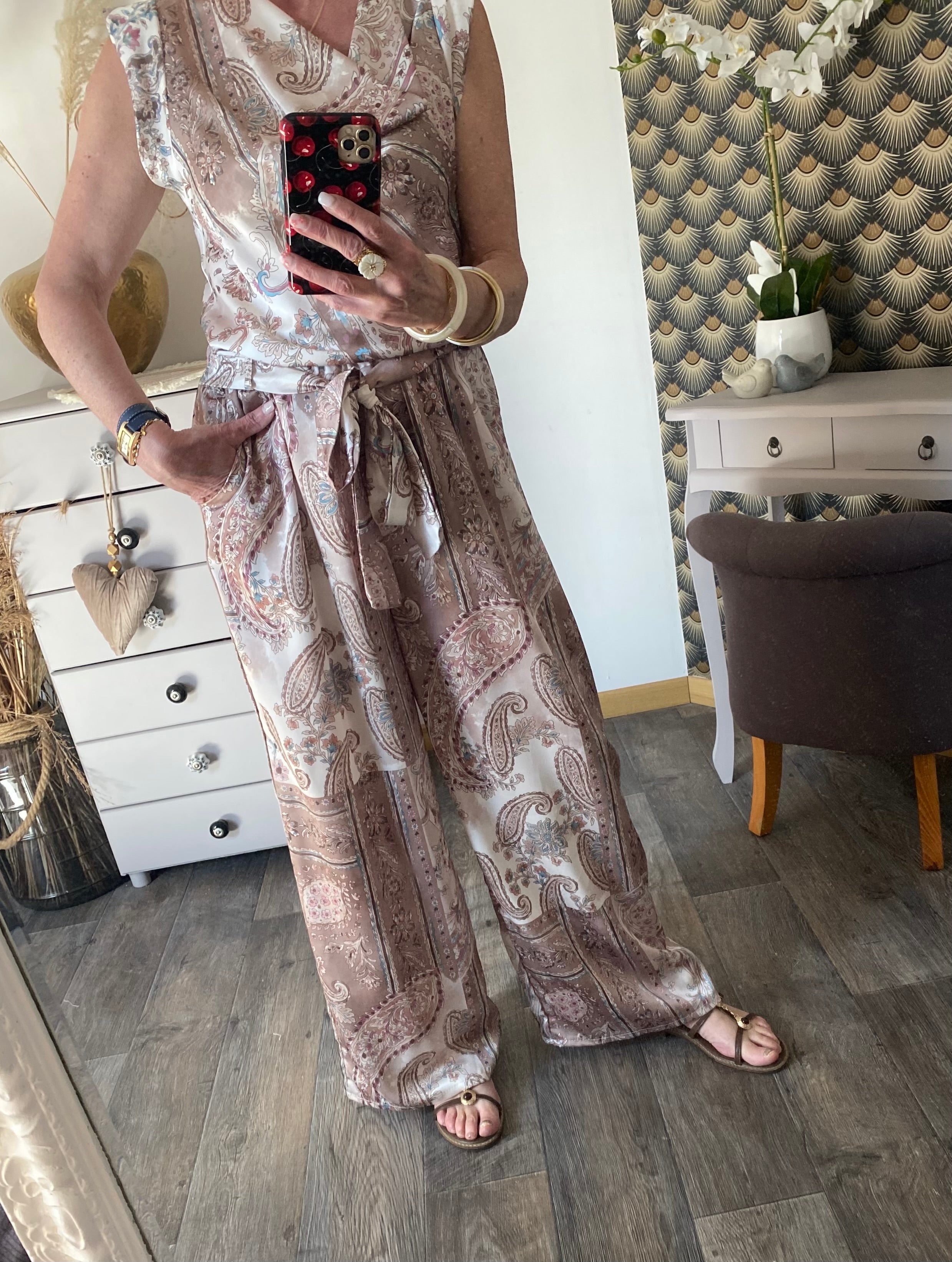 ENSEMBLE PANTALON FLUIDE LARGE ET TOP     TU 36/42 BEIGE