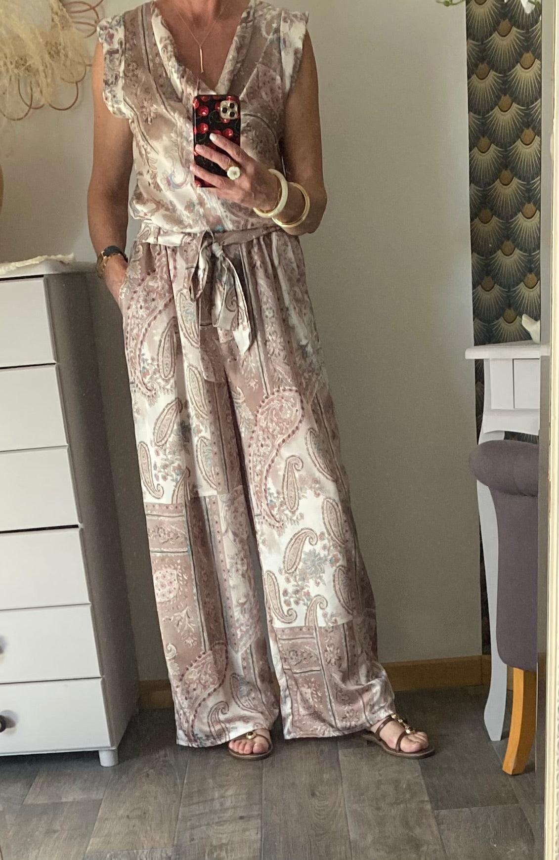 ENSEMBLE PANTALON FLUIDE LARGE ET TOP     TU 36/42 BEIGE