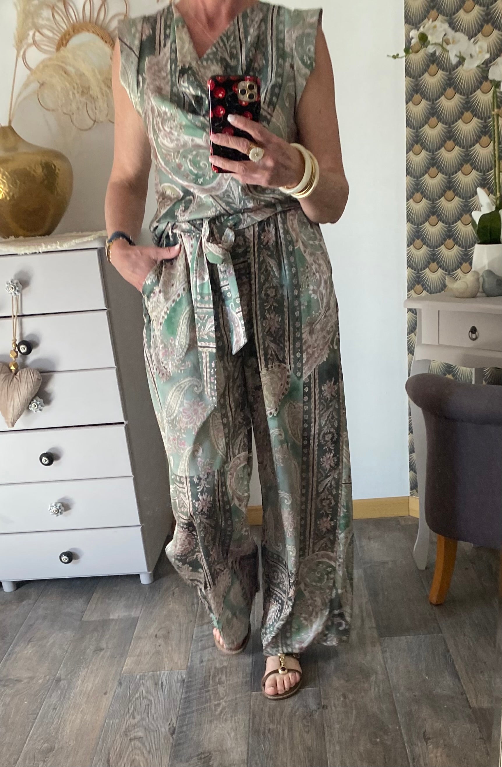 ENSEMBLE PANTALON FLUIDE LARGE ET TOP     TU 36/42 KAKI