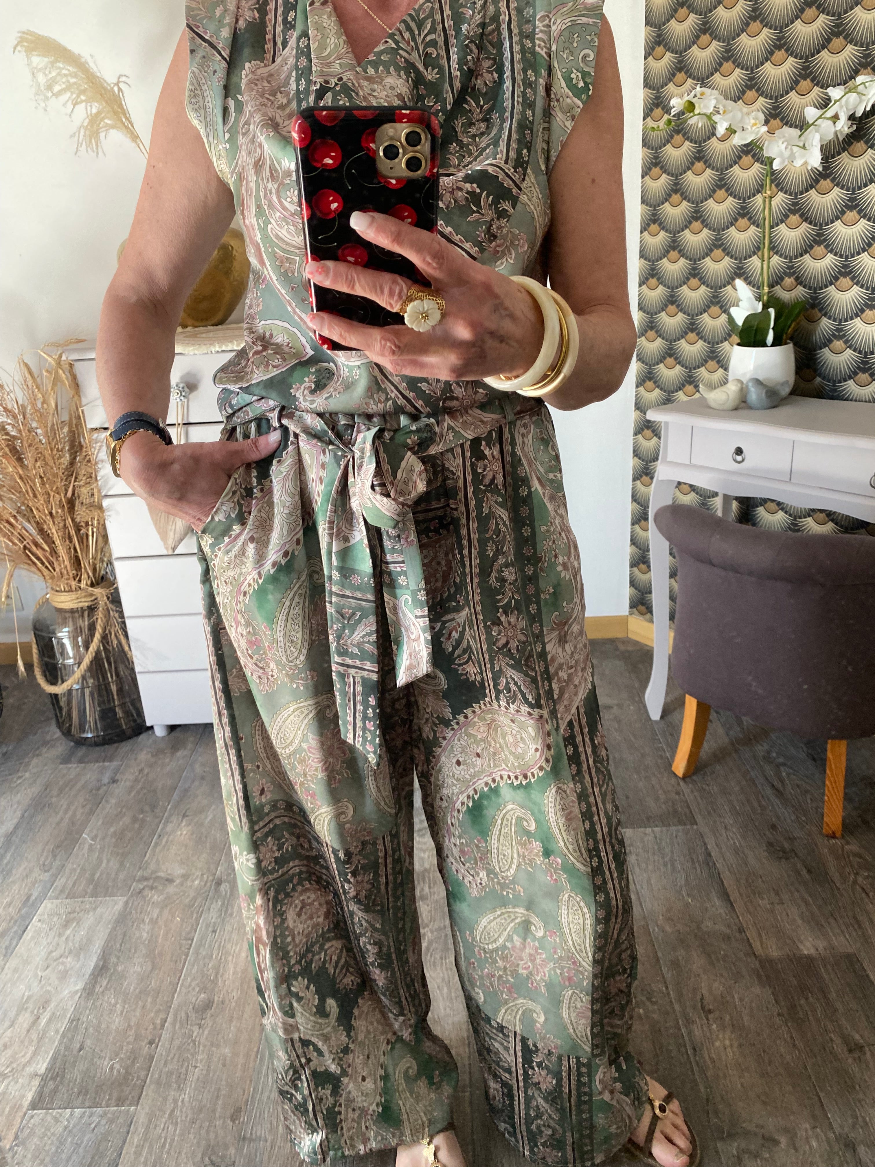 ENSEMBLE PANTALON FLUIDE LARGE ET TOP     TU 36/42 KAKI