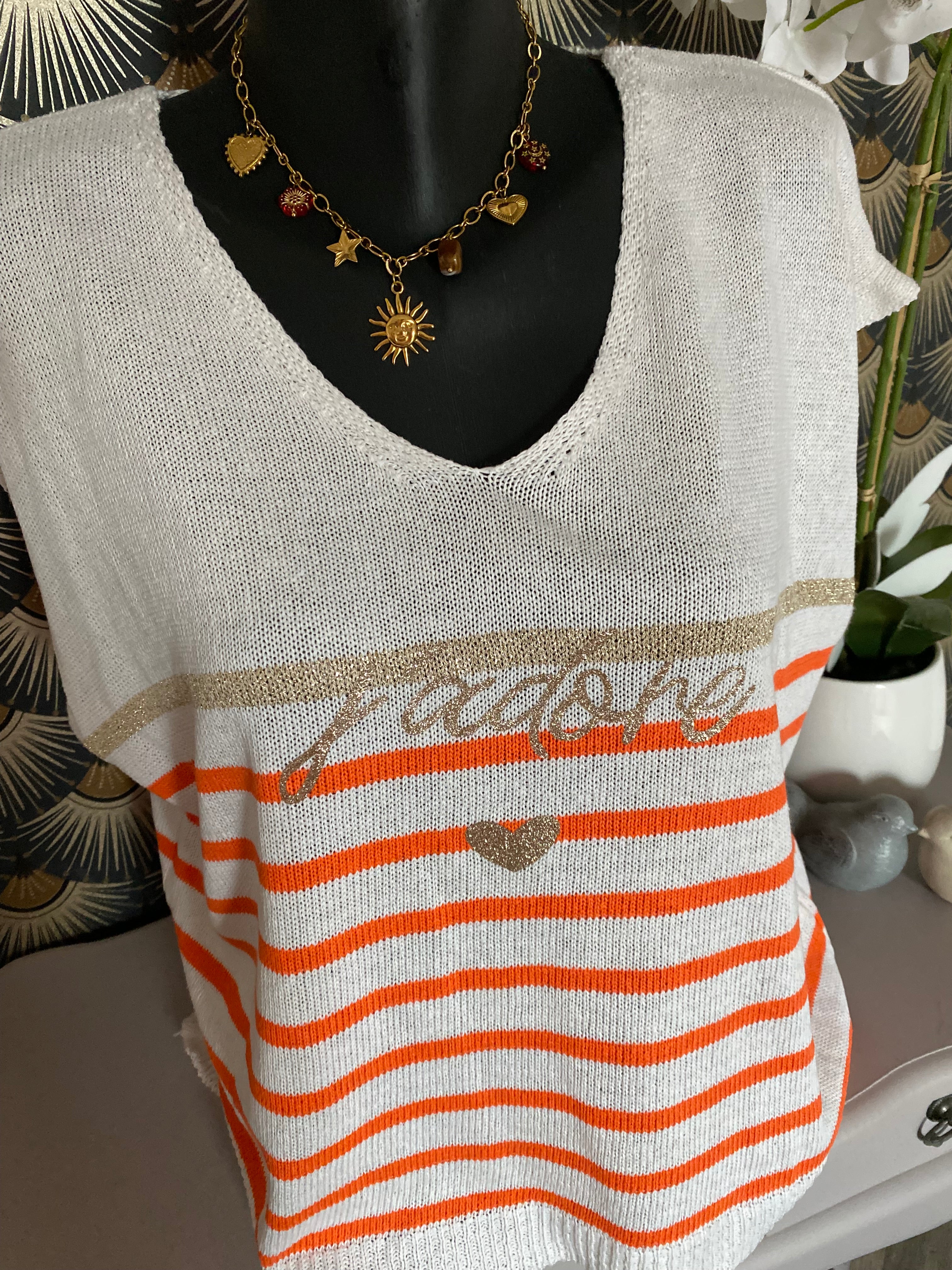 TOP MARINIERE J ADORE BLEU ORANGE  TU 36/44