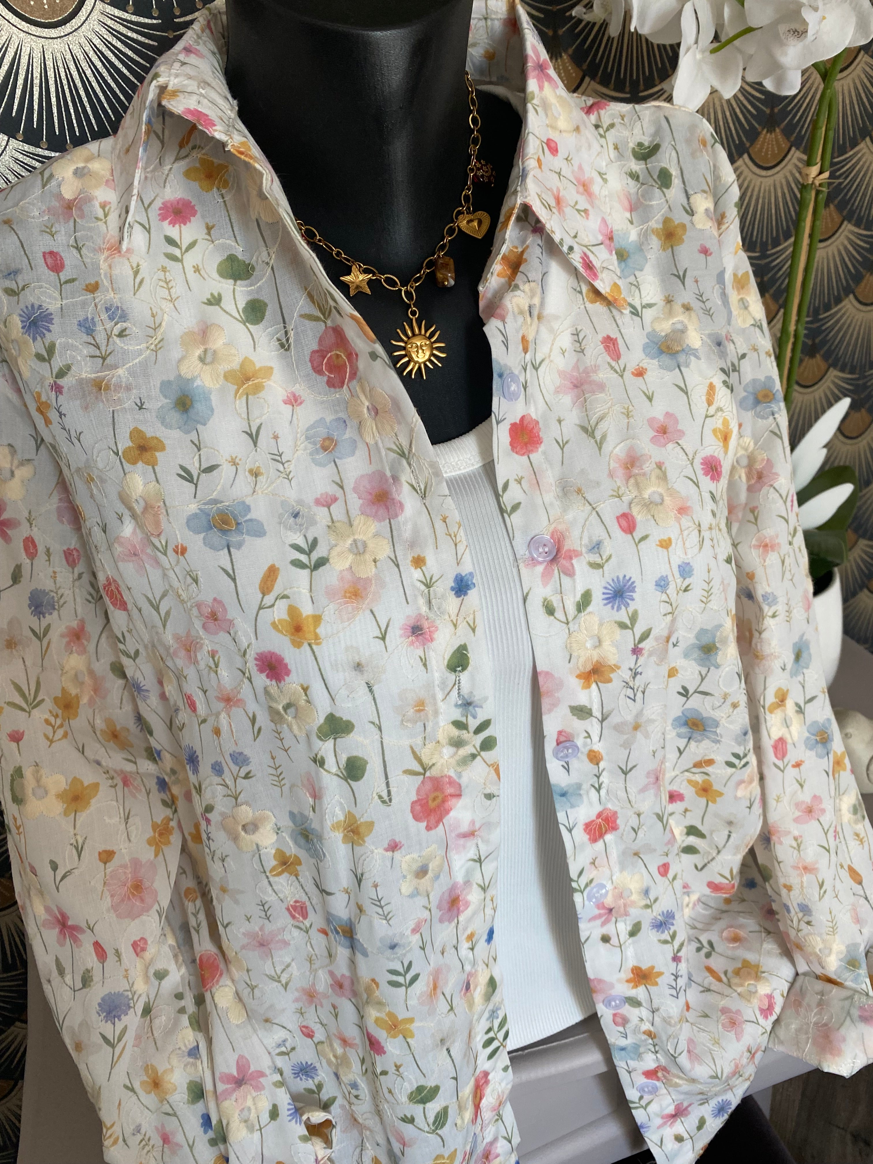ENSEMBLE TOP ET CHEMISE BRODE  TU 34/40BLANC